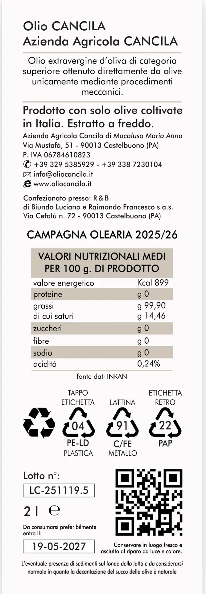 Tanica 2 L Olio extravergine d’oliva