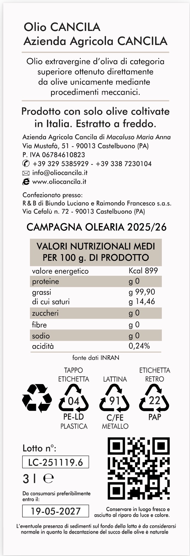 Tanica 3 L Olio extravergine d’oliva